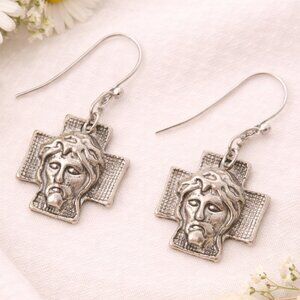 Antiqued Silver Jesus on the Cross Dangle Earrings